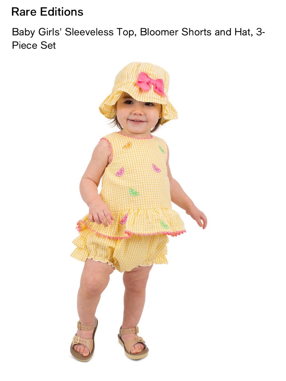 Rare Editions Yellow Gingham 3-Piece Baby Girl Outfit with Pink Bow